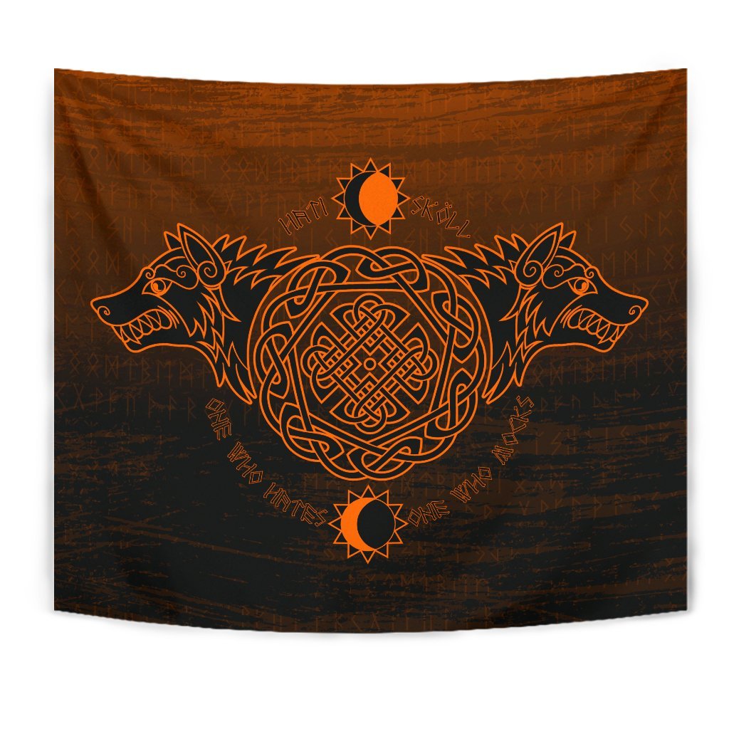 Viking Style Tapestry Skoll And Hati Orange for Wall Décor