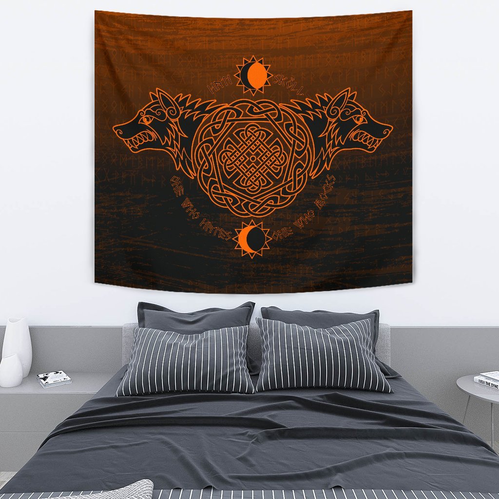 Viking Style Tapestry Skoll And Hati Orange for Wall Décor