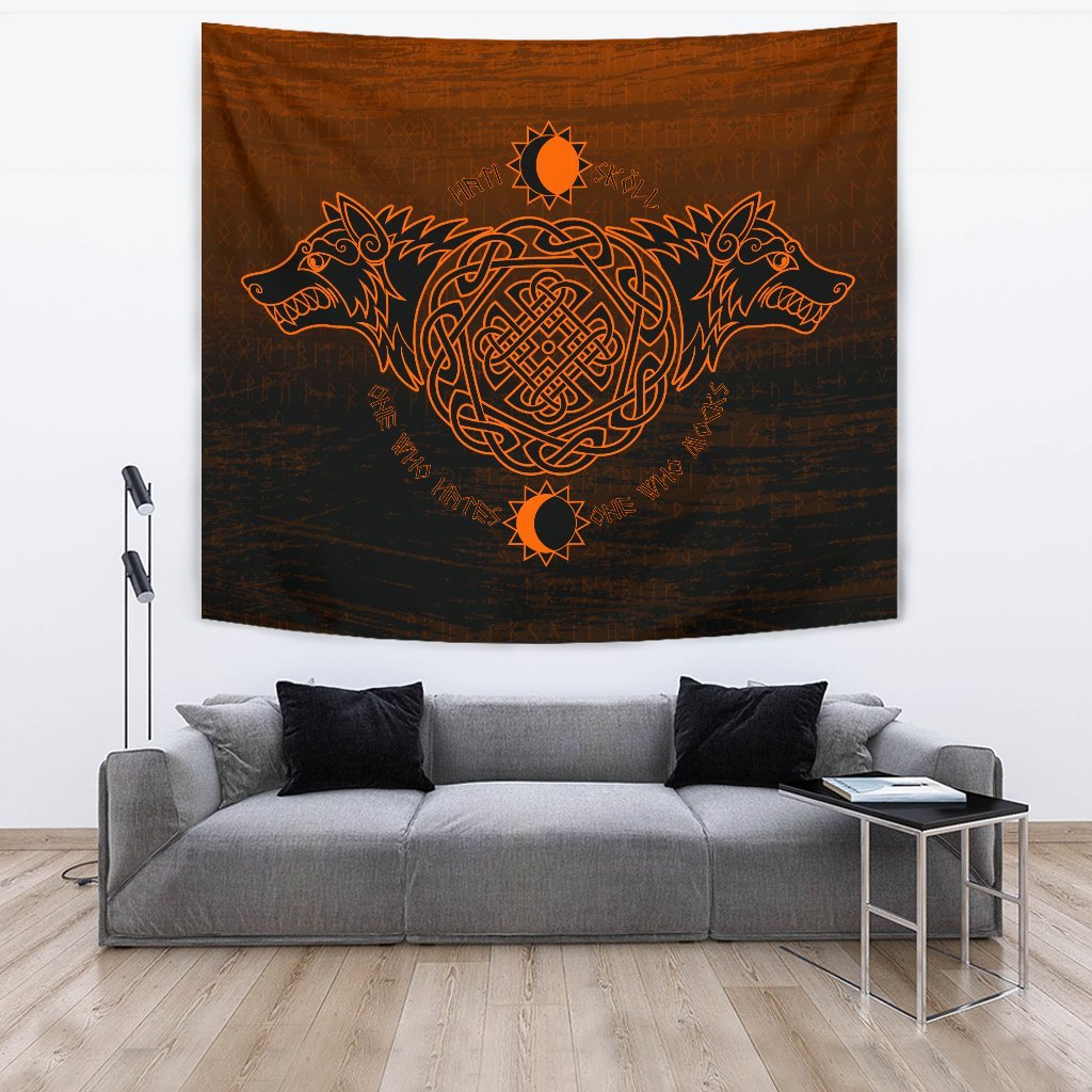 Viking Style Tapestry Skoll And Hati Orange for Wall Décor