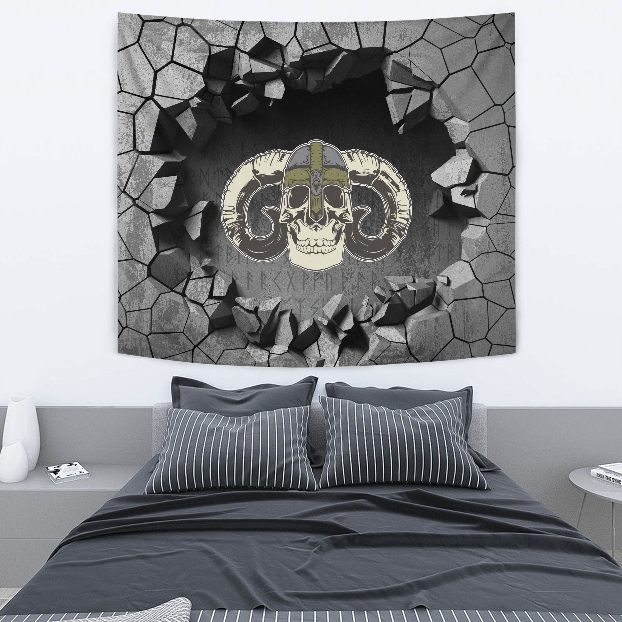 Viking Style Tapestry Skull Head Warrior With Twin Axe Tapestry for Wall Décor