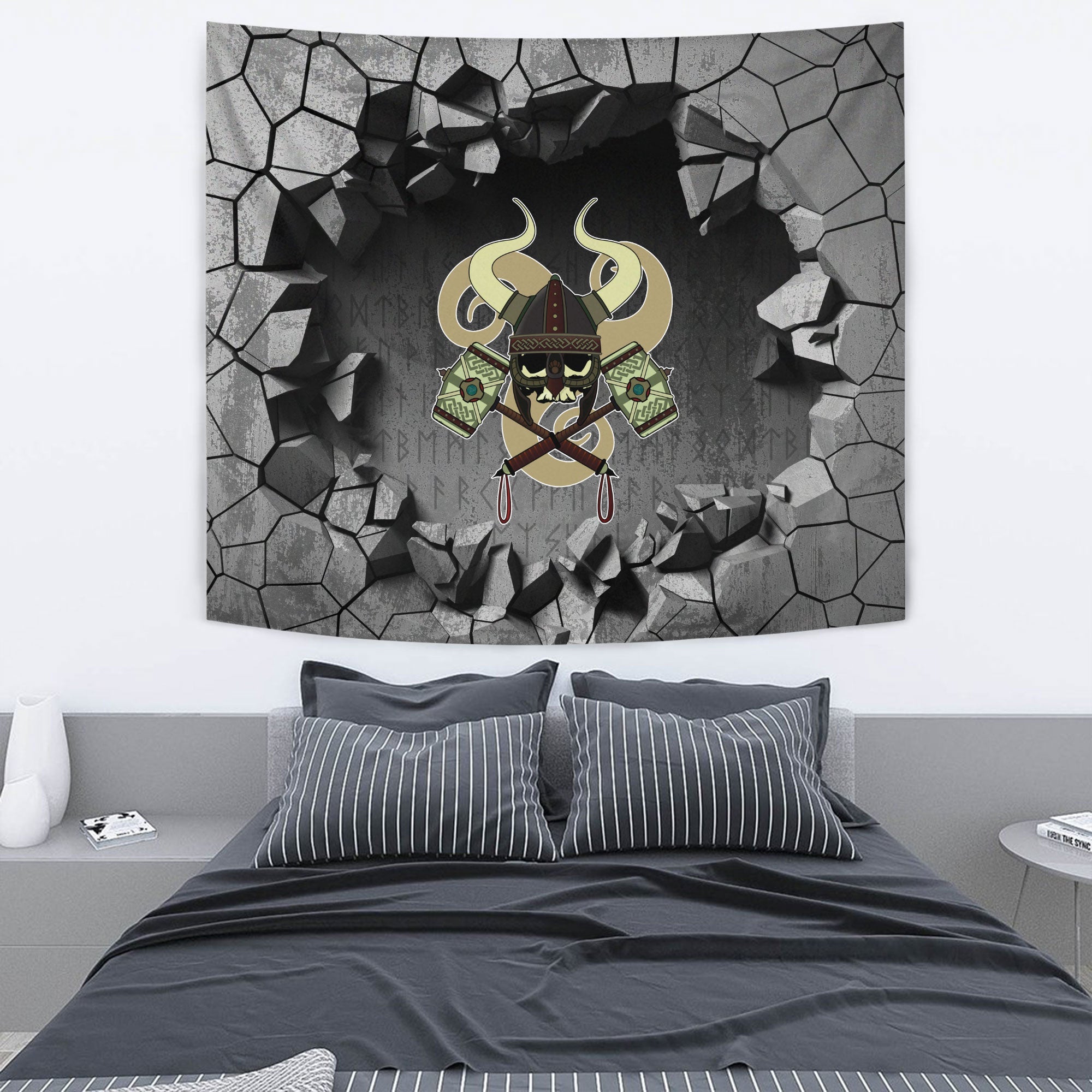 Viking Style Tapestry Skull With Braided Hair And Horned Hat Tapestry for Wall Décor