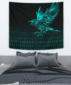 Viking Style Tapestry The Raven Of Odin Rune Cyan for Wall Décor