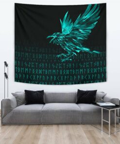 Viking Style Tapestry The Raven Of Odin Rune Cyan for Wall Décor