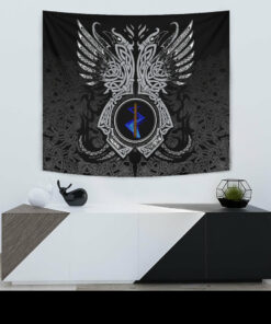 Viking Tapestry Three Raven and Valknut Cyan for Wall Décor