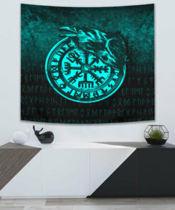 Viking Vegvisir Rune with Crow Cyan Version Tapestry for Wall Décor