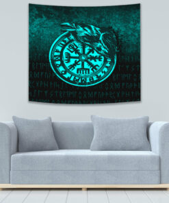 Viking Vegvisir Rune with Crow Cyan Version Tapestry for Wall Décor