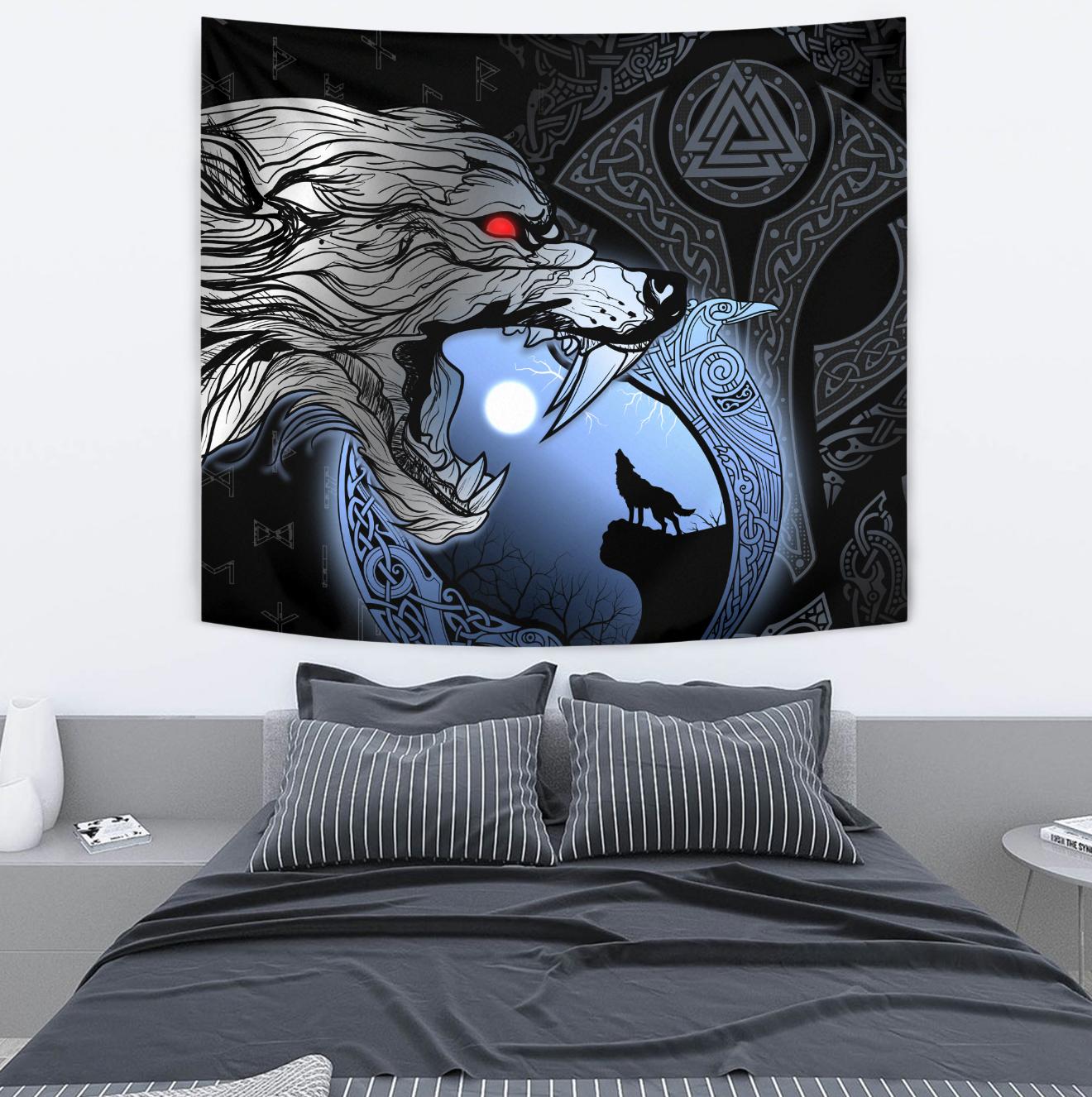 Viking Vegvisir with Ouroboros and Runes Tapestry for Wall Décor