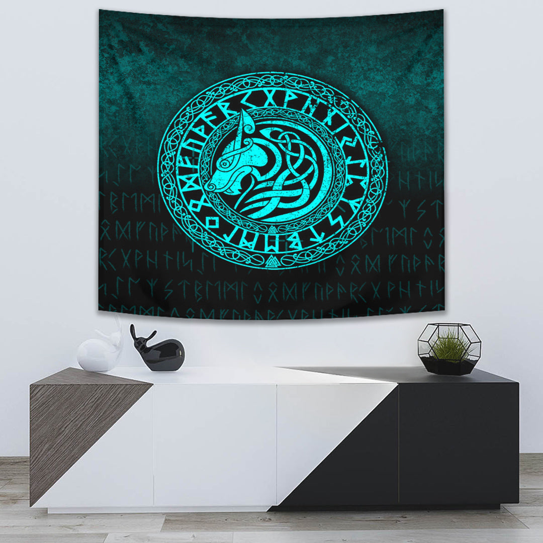 Viking Wolf Cyan Version Tapestry for Wall Décor