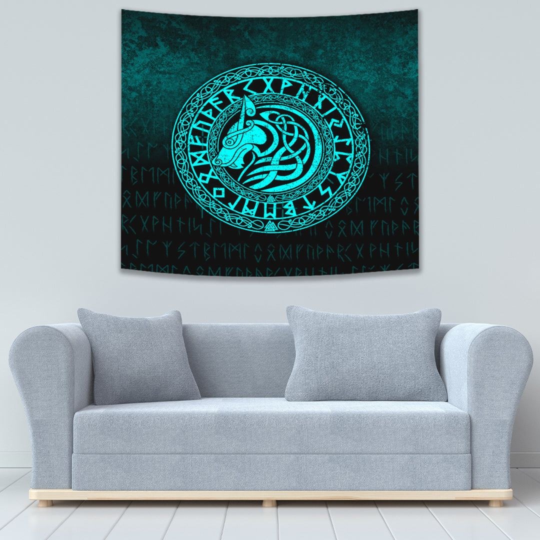 Viking Wolf Cyan Version Tapestry for Wall Décor