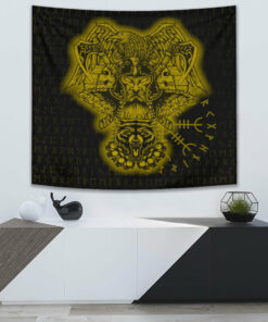 VikingStyle Tapestry Odin And Raven Wolf Gold Viking Homeset Tapestry for Wall Décor