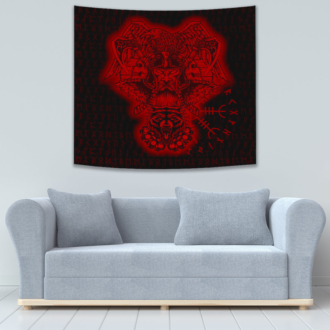 VikingStyle Tapestry Odin And Raven Wolf Red Viking Homeset Tapestry for Wall Décor