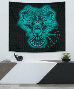 VikingStyle Tapestry Odin And Raven Wolf Turquoise Viking Homeset Tapestry for Wall Décor