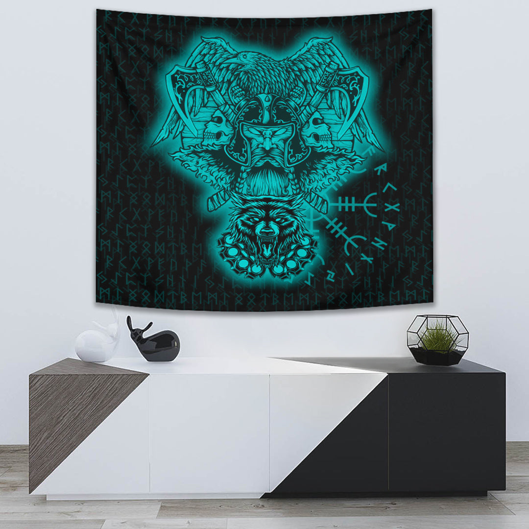 VikingStyle Tapestry Odin And Raven Wolf Turquoise Viking Homeset Tapestry for Wall Décor