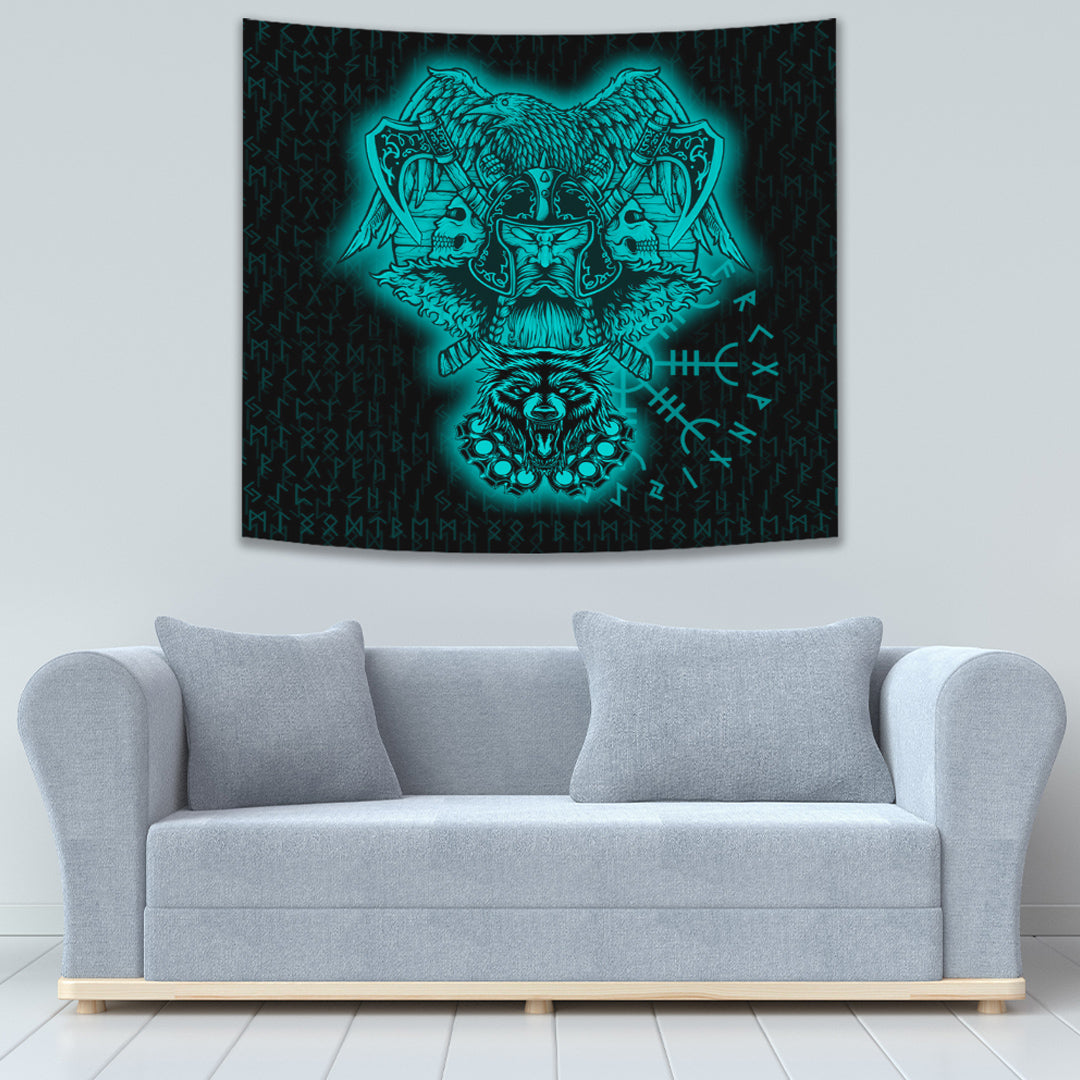 VikingStyle Tapestry Odin And Raven Wolf Turquoise Viking Homeset Tapestry for Wall Décor