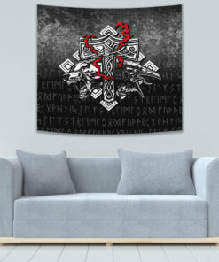 VikingStyle Tapestry Thor Hammer Mjolnir Rune Protection Odin Raven Viking Tapestry for Wall Décor