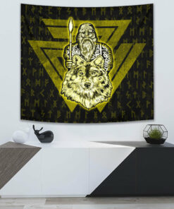 VikingStyle Tapestry Viking Odin Wolf Gold Tapestry for Wall Décor