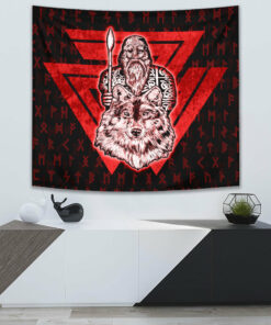VikingStyle Tapestry Viking Odin Wolf Red Tapestry for Wall Décor