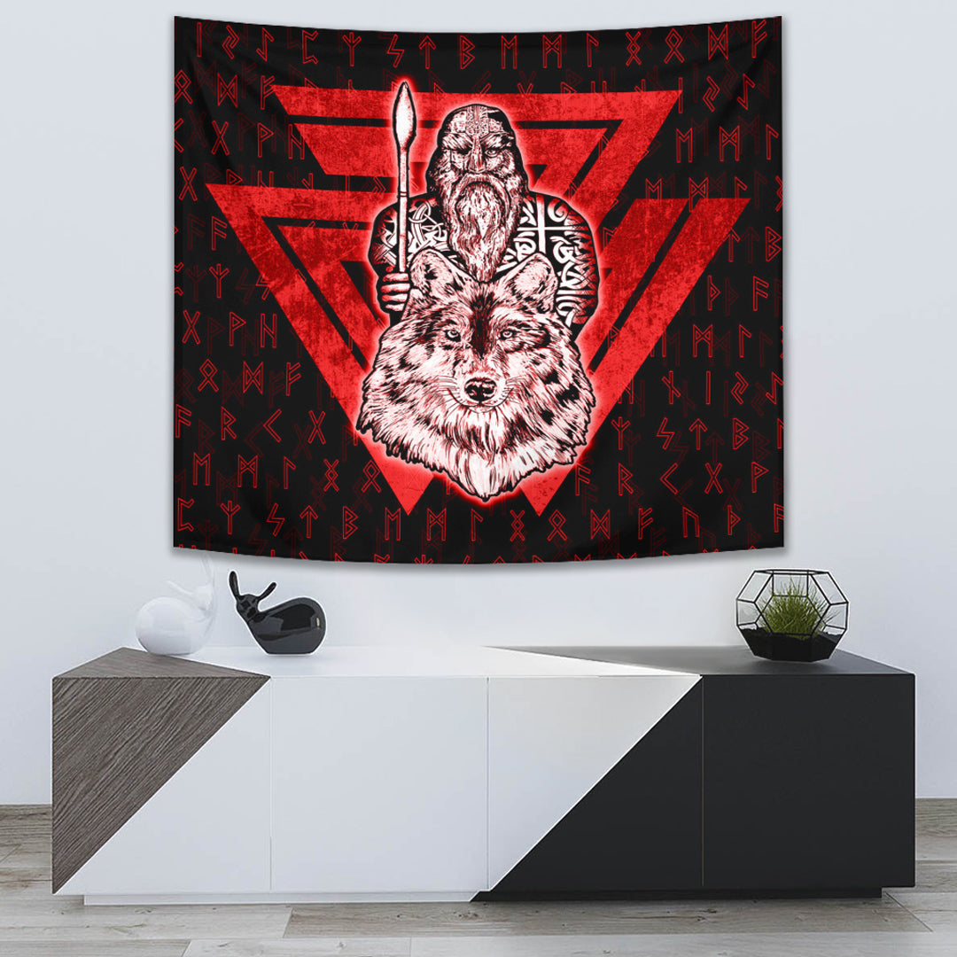 VikingStyle Tapestry Viking Odin Wolf Red Tapestry for Wall Décor