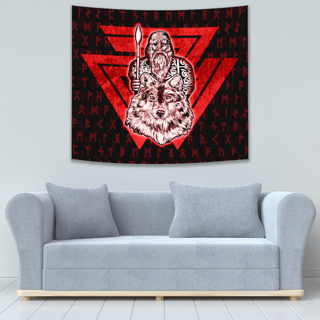 VikingStyle Tapestry Viking Odin Wolf Red Tapestry for Wall Décor