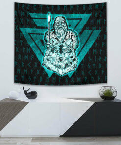 VikingStyle Tapestry Viking Odin Wolf Turquoise Tapestry for Wall Décor