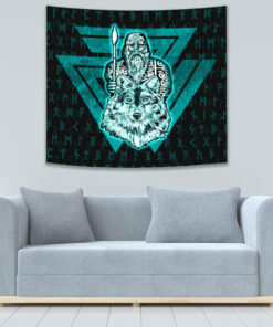 VikingStyle Tapestry Viking Odin Wolf Turquoise Tapestry for Wall Décor