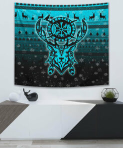 VikingStyle Tapestry Viking Reindeer Vegvisir Cyan Tapestry for Wall Décor