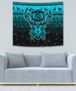 VikingStyle Tapestry Viking Reindeer Vegvisir Cyan Tapestry for Wall Décor