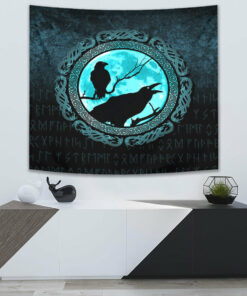 Vikings Huginn Muninn Odin’s Ravens Cyan Version Tapestry for Wall Décor