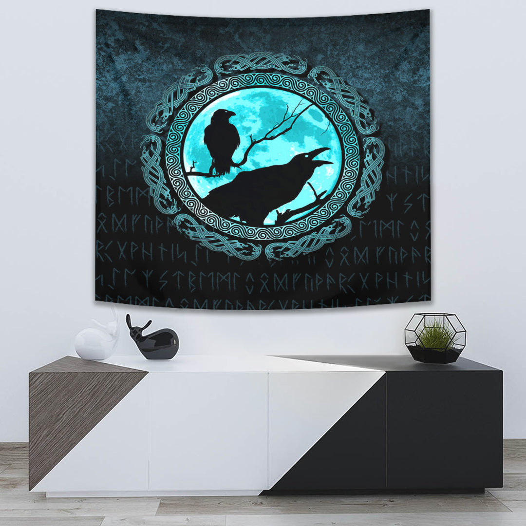 Vikings Huginn Muninn Odin’s Ravens Cyan Version Tapestry for Wall Décor