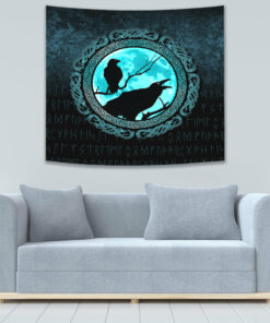 Vikings Huginn Muninn Odin’s Ravens Cyan Version Tapestry for Wall Décor