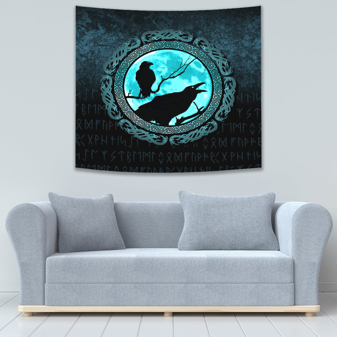 Vikings Huginn Muninn Odin’s Ravens Cyan Version Tapestry for Wall Décor