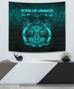 Vikings Ravens Mjolnir Cyan Version Tapestry for Wall Décor