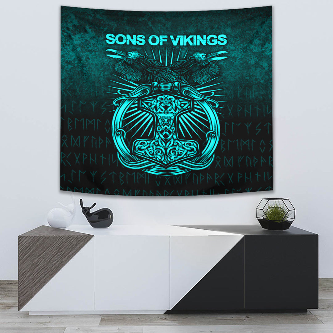 Vikings Ravens Mjolnir Cyan Version Tapestry for Wall Décor