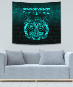 Vikings Ravens Mjolnir Cyan Version Tapestry for Wall Décor