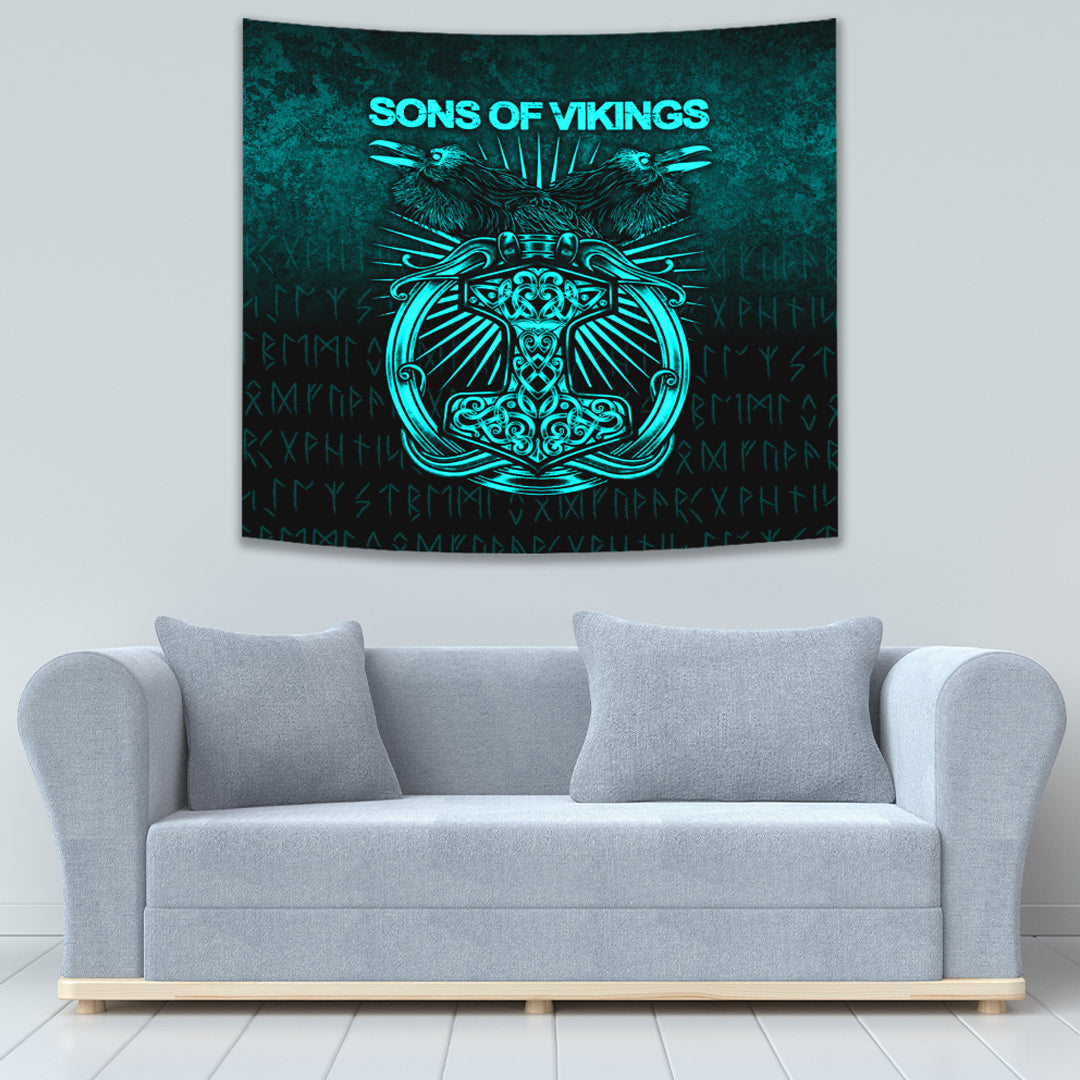 Vikings Ravens Mjolnir Cyan Version Tapestry for Wall Décor