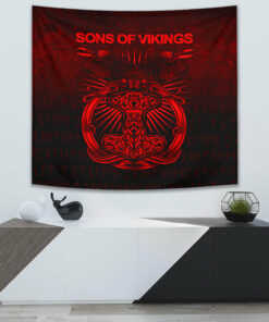 Vikings Ravens Mjolnir Red Version Tapestry for Wall Décor
