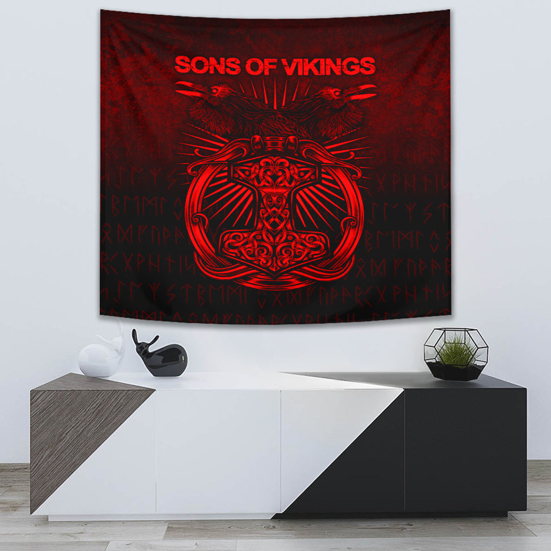 Vikings Ravens Mjolnir Red Version Tapestry for Wall Décor