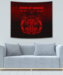 Vikings Ravens Mjolnir Red Version Tapestry for Wall Décor