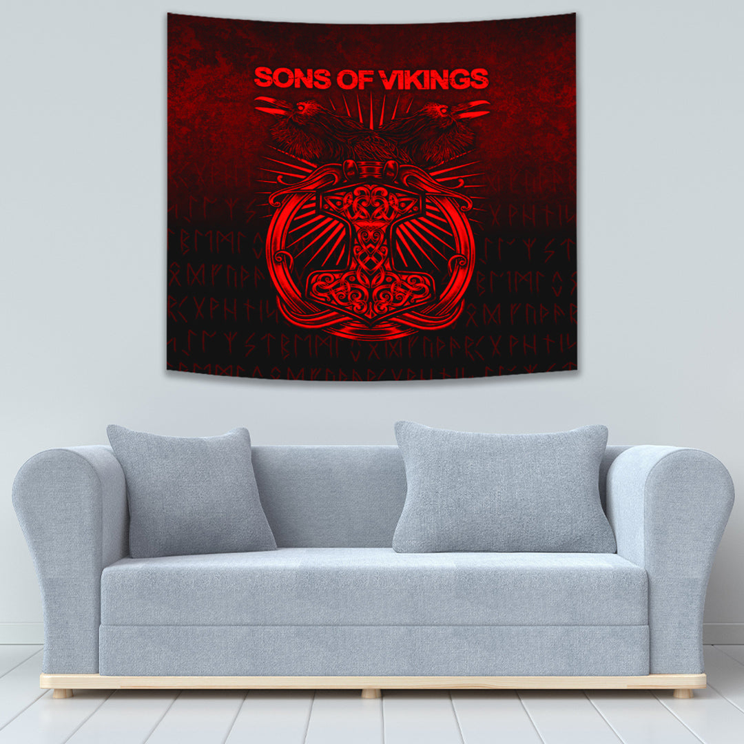 Vikings Ravens Mjolnir Red Version Tapestry for Wall Décor