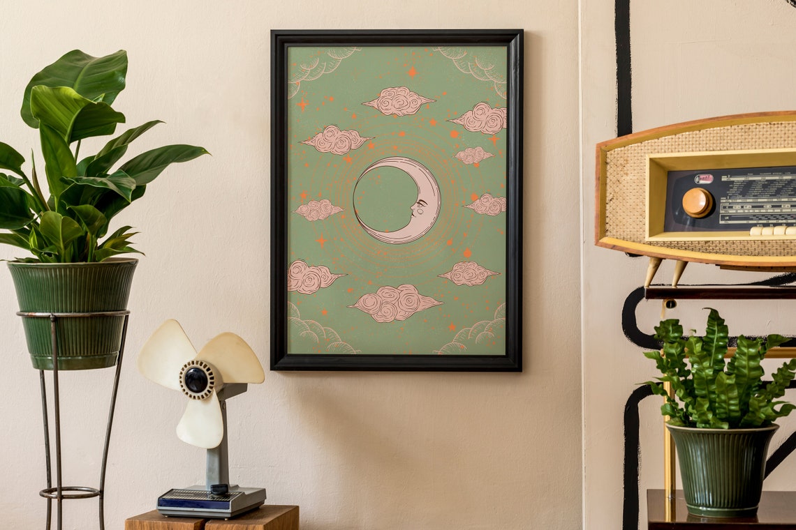Vintage 70s Poster Antique Moon And Stars Wall Art Print Canvas For Room Décor