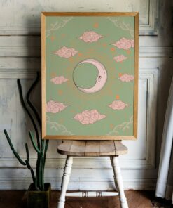 Vintage 70s Poster Antique Moon And Stars Wall Art Print Canvas For Room Décor