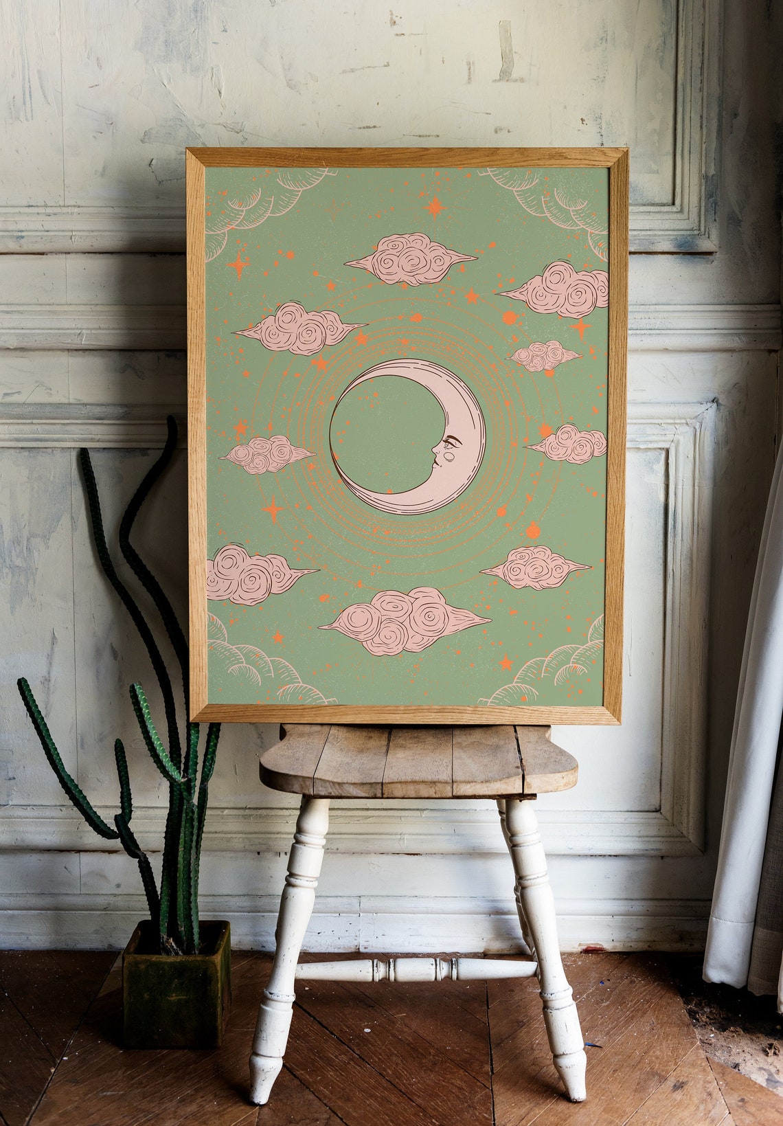 Vintage 70s Poster Antique Moon And Stars Wall Art Print Canvas For Room Décor