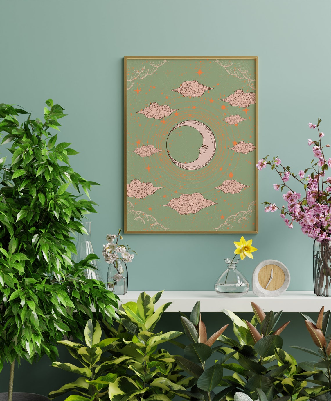 Vintage 70s Poster Antique Moon And Stars Wall Art Print Canvas For Room Décor