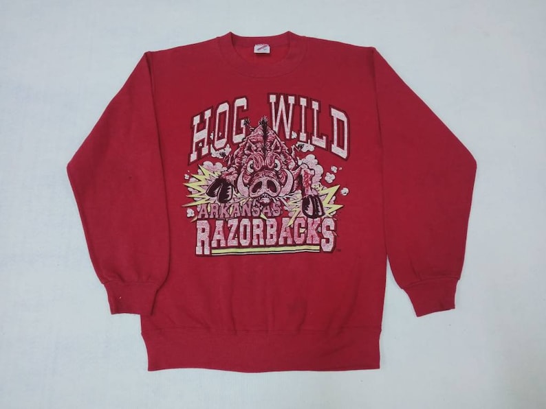 Vintage 90s Hog Wild Arkansas Sweatshirt Hog Wild Red Jumper Crewneck Pullover Razorbacks Sweaters, Hoodie, Shirt Full Size