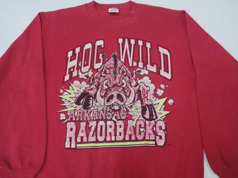 Vintage 90s Hog Wild Arkansas Sweatshirt Hog Wild Red Jumper Crewneck Pullover Razorbacks Sweaters, Hoodie, Shirt Full Size