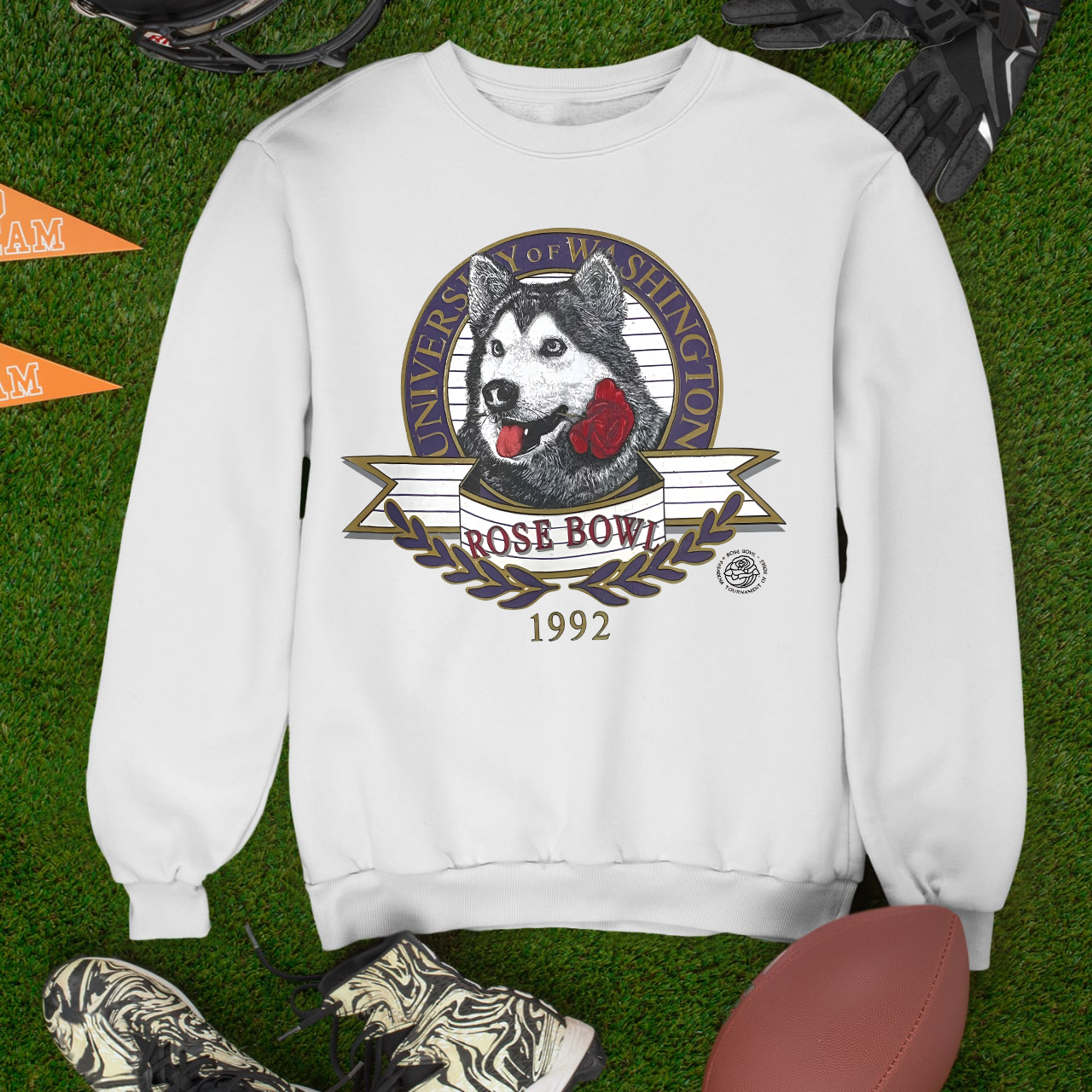 Vintage 90s Sportswear University of Washington Rose Bowl Tournament Bigprint Crewneck Sweatshirt Hoodie Shirt