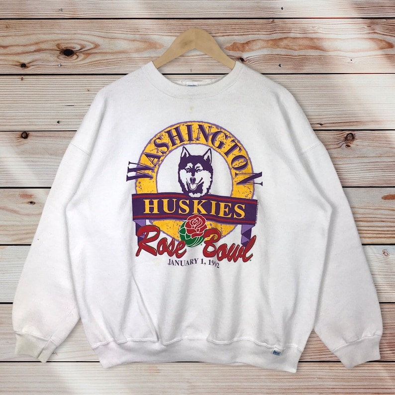 Vintage 90’s Washington Huskies Crewneck Sweatshirt Printed Spell Out Big Logo Rose Bowl Washington Huskies Sweater