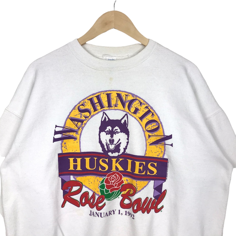 Vintage 90’s Washington Huskies Crewneck Sweatshirt Printed Spell Out Big Logo Rose Bowl Washington Huskies Sweater