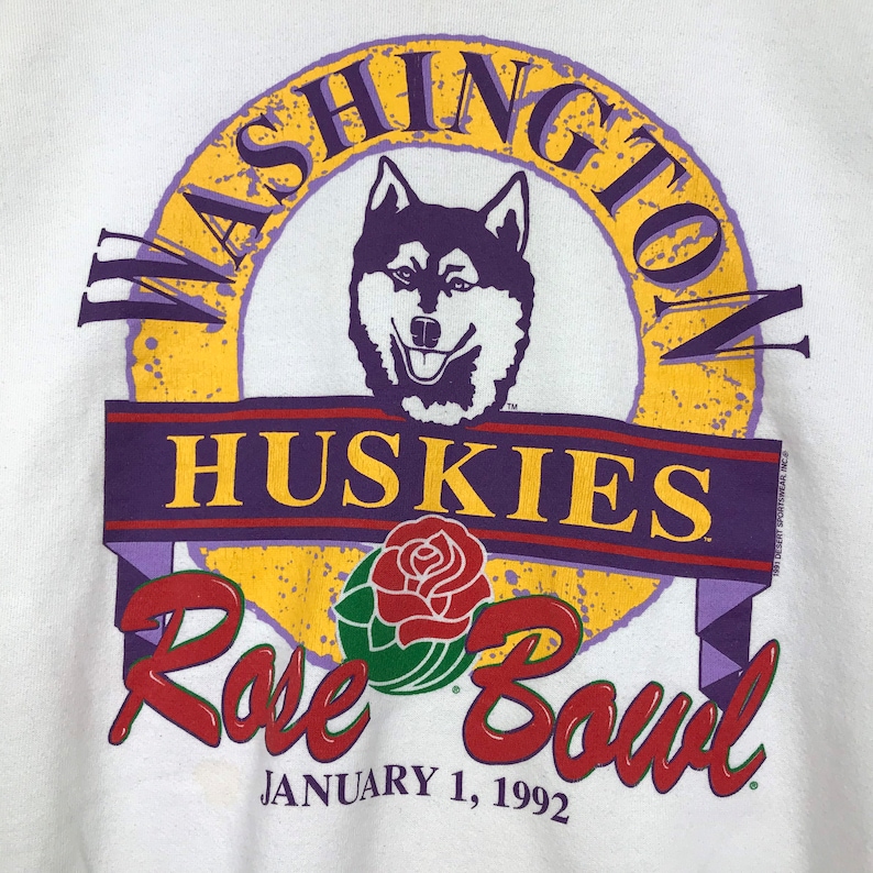 Vintage 90’s Washington Huskies Crewneck Sweatshirt Printed Spell Out Big Logo Rose Bowl Washington Huskies Sweater