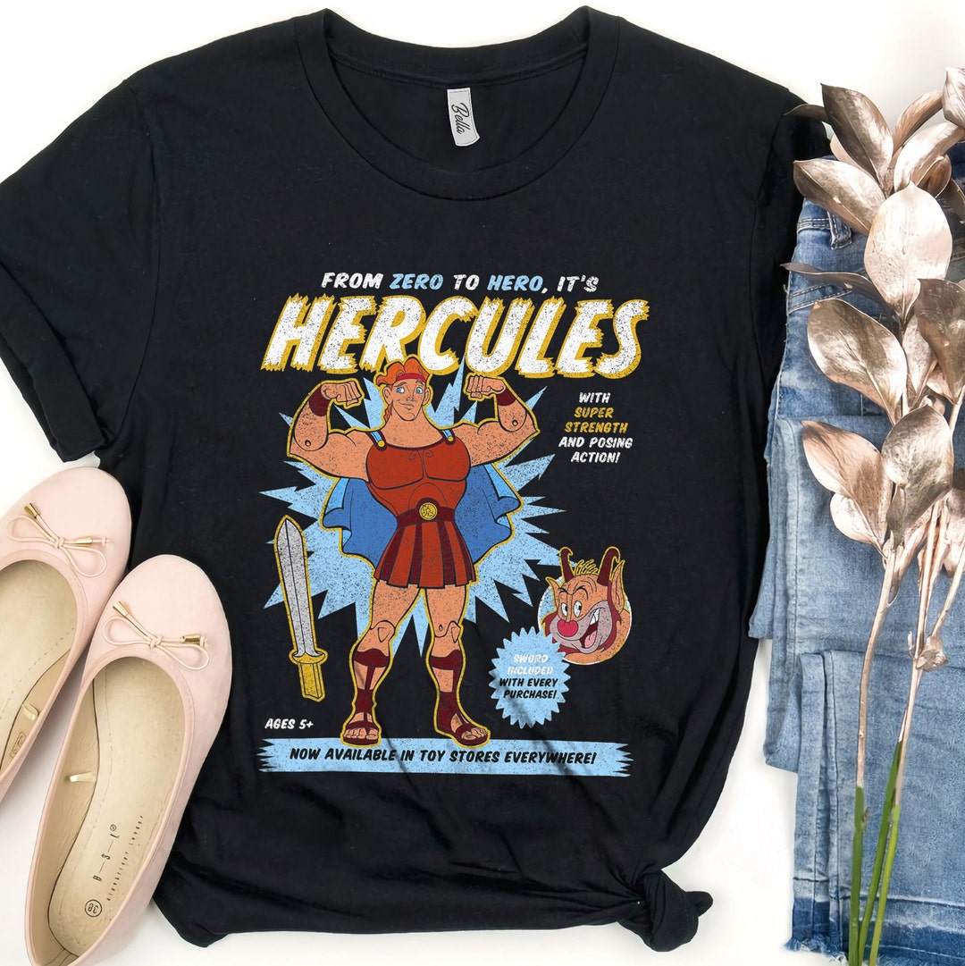 Vintage Disney Hercules Action Figure Poster Shirt, Disneyland Vacation Holiday, Unisex T-shirt Family Birthday Gift Adult Kid Toddler Tee